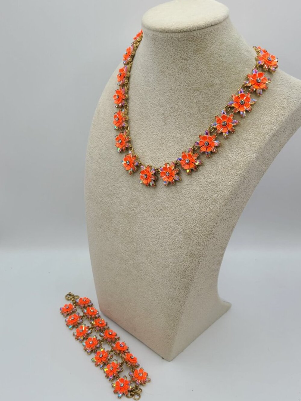 J Crew Stunning Orange Floral Crystal Necklace Bracelet Set